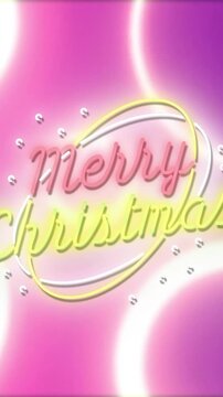 Merry Christmas text animation over glowing circles on pink and purple background