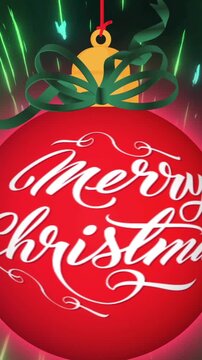 Merry Christmas text animation over red ornament with green and yellow ribbon