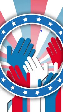 Raising hands in red, white, and blue over stars and stripes animation