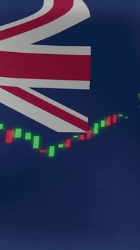 Stock market chart animation over British flag and coat of arms