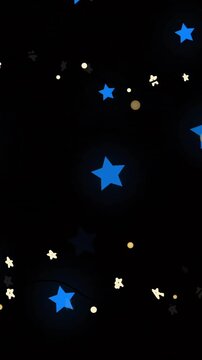 Blue stars and golden particles animation on black background, sparkling and glowing