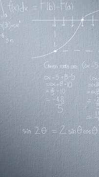 Animation of mathematical formulae and data processing over grey background