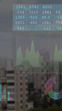 Animating financial data charts and graphs over cityscape background