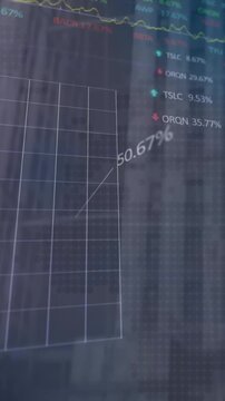 Animation of statistical and stock market data processing against tall buildings