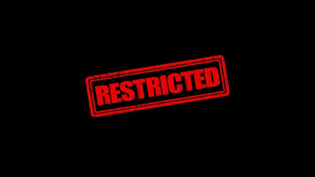 Restricted red rubber stamp effect on black background, grunge texture warning sign animation for security and confidentiality concepts