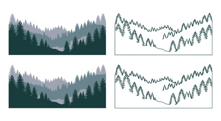Coniferous forest silhouette and line art depiction on a white background © Shanto