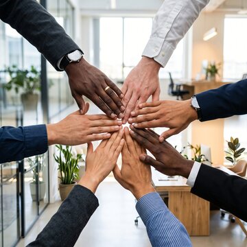 Diverse business team joining hands together for unity and corporate collaboration success