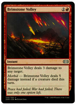 Hamburg, Germany - 09052026: Magic The Gathering Brimstone Volley Double Masters Trading Card.. dramatic fantasy artwork depicting fiery projectiles falling across a burning landscape.