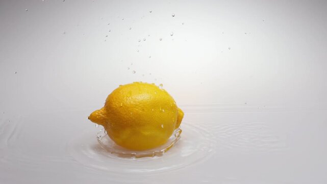 High speed slow motion of three whole lemons falling into water with explosive splashes on white. Fresh citrus food footage benefits beverage advertisements or organic product packaging as a design el