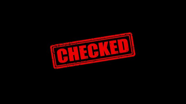 Red rubber stamp effect with checked text animation on black background, for control approval approved