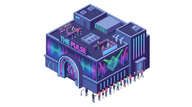 Isometric modern nightclub building with a neon light display and a crowd of people waiting in a long entrance queue for a music event