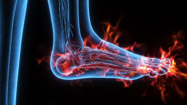 Detailed 3D medical animation of a human foot showing inflamed nerves and blood vessels for educational presentations and healthcare marketing materials.