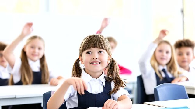 Young schoolgirl sitting at a classroom desk and confidently raising her hand during a lesson, attentive elementary pupils visible at desks behind her in a bright modern school interior, elementary ed
