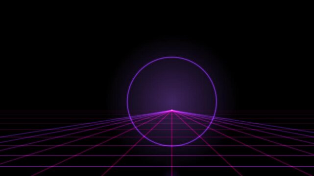 A glowing purple circle hovers above a receding grid floor in a dark loopable tech background.