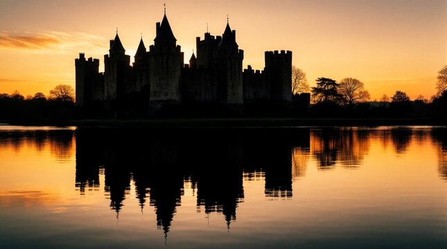 Medieval castle silhouette stands against orange sunset sky. Dark fortress towers reflect on calm water surface of lake. Historic stone architecture creates dramatic landscape view at twilight.