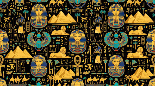 Seamless pattern with ancient Egyptian symbols pharaohs pyramids and hieroglyphs on black background.