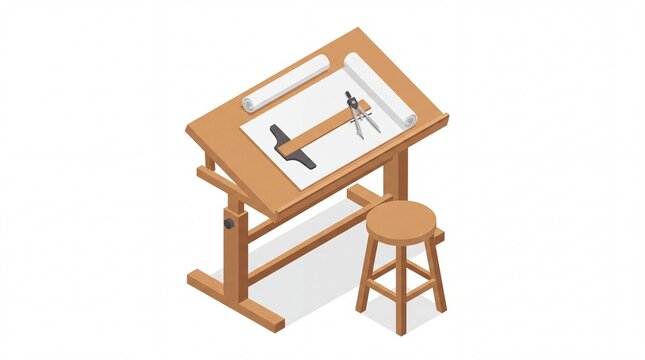 Isometric Architectural Drafting Desk with Drawing Tools and Wooden Stool for Engineering Design and Creative Workspace Concept