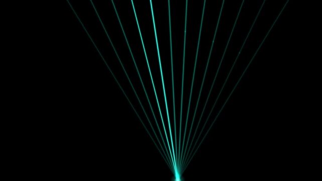 Cyan laser beams radiate upward in a fan shape against a pure black background suitable for looping.