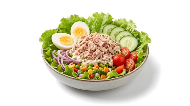 Healthy tuna salad with hard boiled eggs and fresh vegetables in a bowl on white background