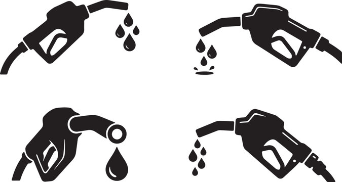 Gas pump nozzle icons set, black fuel dispenser silhouettes with oil drops, 4 petrol station vector elements for energy industry