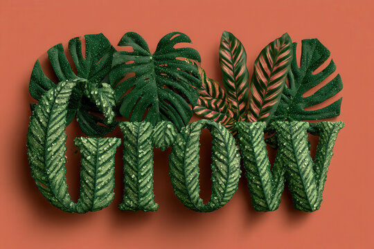 Text "Grow", Urban Jungle, lush green monstera and calathea leaf typography with realistic vein textures, misted with tiny water droplets against a terracotta background 