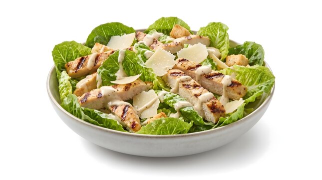 Classic caesar salad with grilled chicken strips, parmesan cheese, and croutons in a bowl
