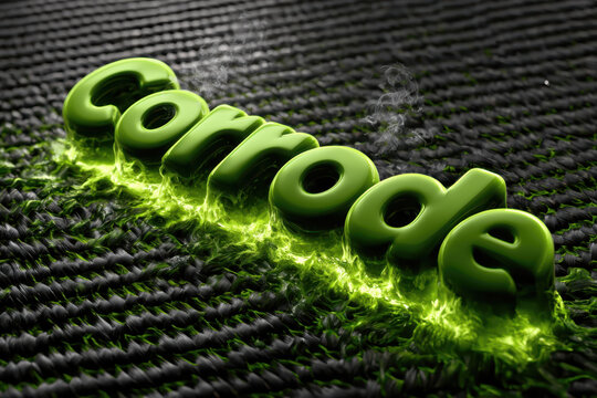 Text "Corrode", Cyber Toxins, glowing radioactive acid green liquid typography eating away at a dark textured carbon fiber plate, emitting small wisps of chemical smoke