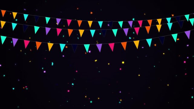 Colorful party bunting flags and falling confetti on black