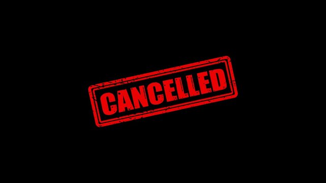 Cancelled red rubber stamp animation on black background, grunge style official notification overlay