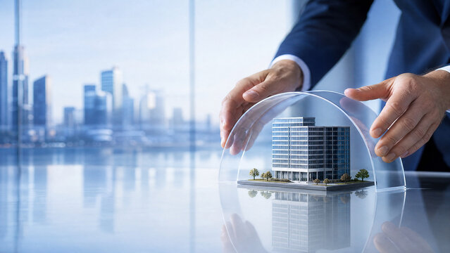 Property insurance concept with glass dome covering office building model. Real estate protection and commercial security. Corporate risk management.