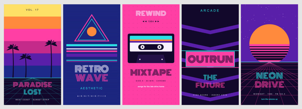 Synthwave 80s vertical backgrounds set, 5 neon templates with grid horizon striped sun palms and cassette