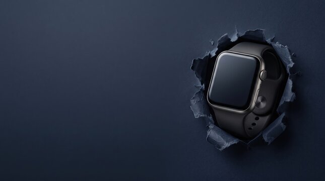 Modern smartwatch emerging through a dark blue paper hole with a blank screen for copy space