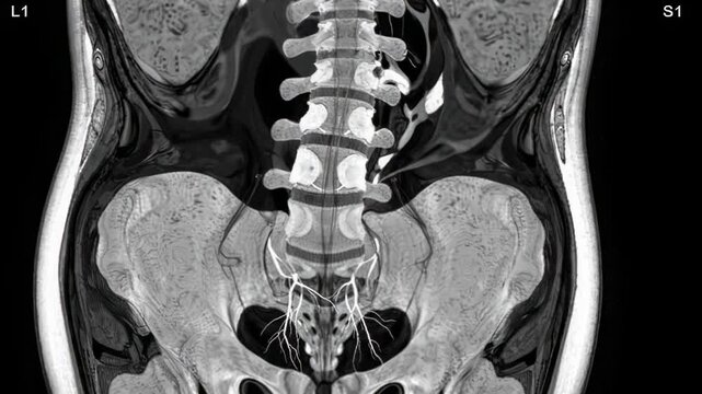 High-resolution coronal CT scan of human pelvis and lumbar spine showcasing detailed skeletal anatomy ideal for medical presentations and educational content.