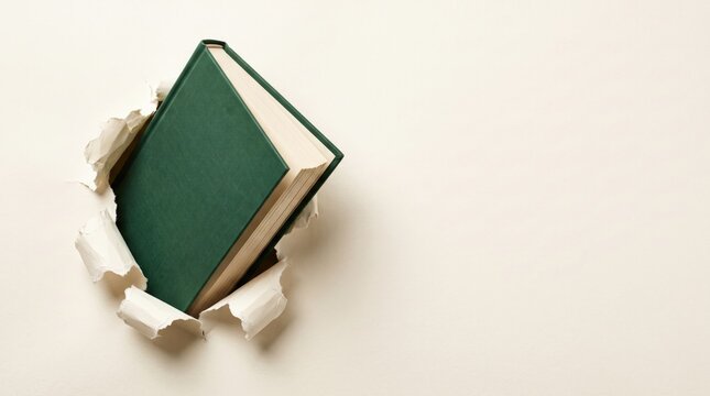 A green hardcover book emerging through a torn white paper background with copy space for text