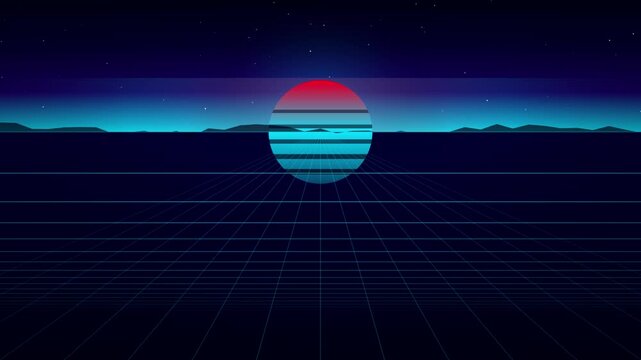 Retro synthwave sunset with grid landscape and neon striped circle over dark horizon
