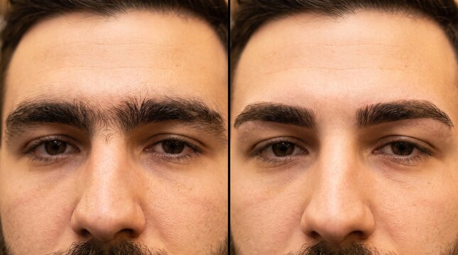 Before and after overgrown messy unibrow to clean separated grooming	
