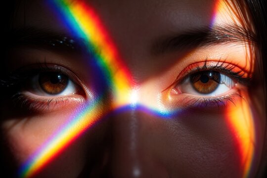 Extreme macro shot of woman eyes with rainbow light reflection. Colorful prism spectrum overlay on human face skin. Close up view of brown iris, eyelashes, eyebrows. Beautiful eye vision with bright