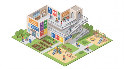 Fototapeta premium Isometric Illustration of an Inclusive Accessible Public Park and Community Center Designed with Universal Design Features for All People