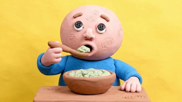 Claymation Baby Reluctantly Eats Cereal with Spoon.