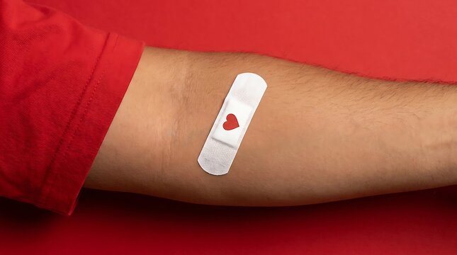 Adhesive bandage with heart icon on human arm for blood donation or medical care concept