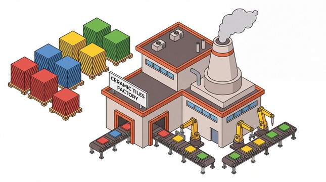 Isometric ceramic tile manufacturing factory illustration with automated conveyor belts and stacked product crates