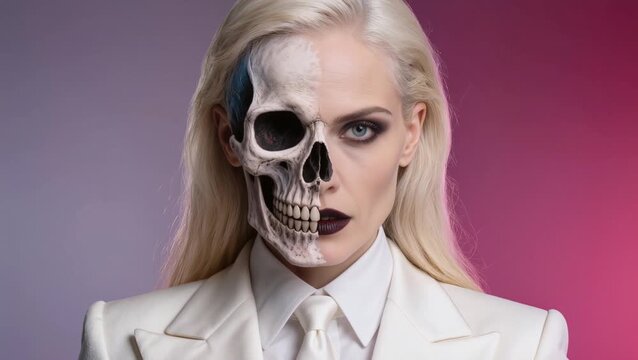 Elegant woman in a white tailored suit with realistic half-skull makeup, platinum-blonde hair, and an intense gaze against a lavender and magenta studio background.
