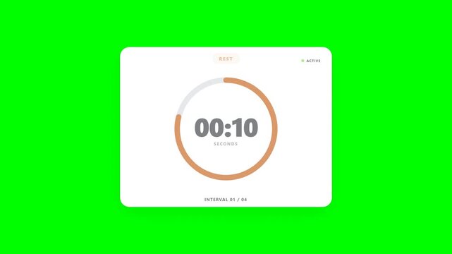 Modern health and fitness UI animation featuring an animated workout interval timer, circular countdown ring, and seamless workout-to-rest state transitions inside a clean UI card.
