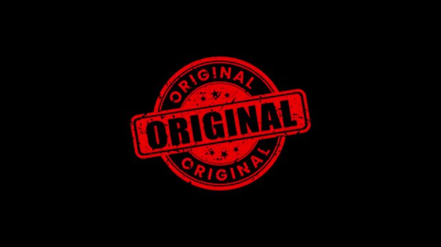 Red original rubber stamp animation on black background, grunge style seal for authenticity and assurance