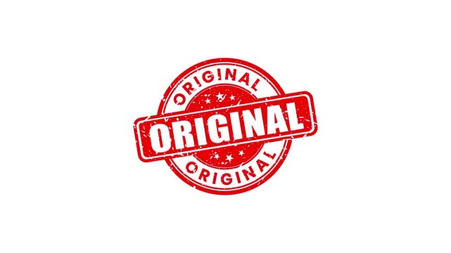 Red original rubber stamp animation, grunge style certified seal overlay for business branding and authenticity