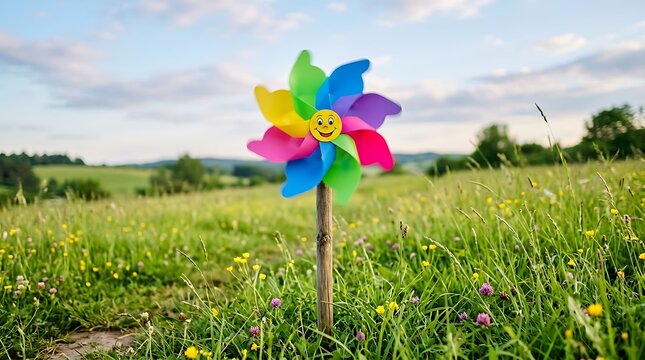 Colorful pinwheel toy spinning in a sunny green meadow during a bright summer day