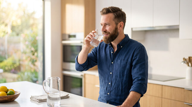 Handsome man drinking fresh pure water from glass in bright modern kitchen perfect for healthy daily hydration and wellness lifestyle concepts