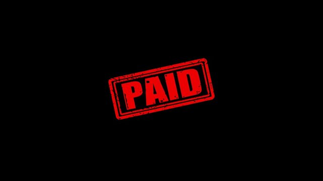 Red paid rubber stamp animation on black background, financial transaction confirmation overlay