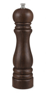Tall dark wooden pepper mill grinder isolated on a white background with spice mill