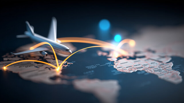 Airplane flying above a world map with connected routes represents international air travel and the concept of global aviation mobility and destination connectivity.
